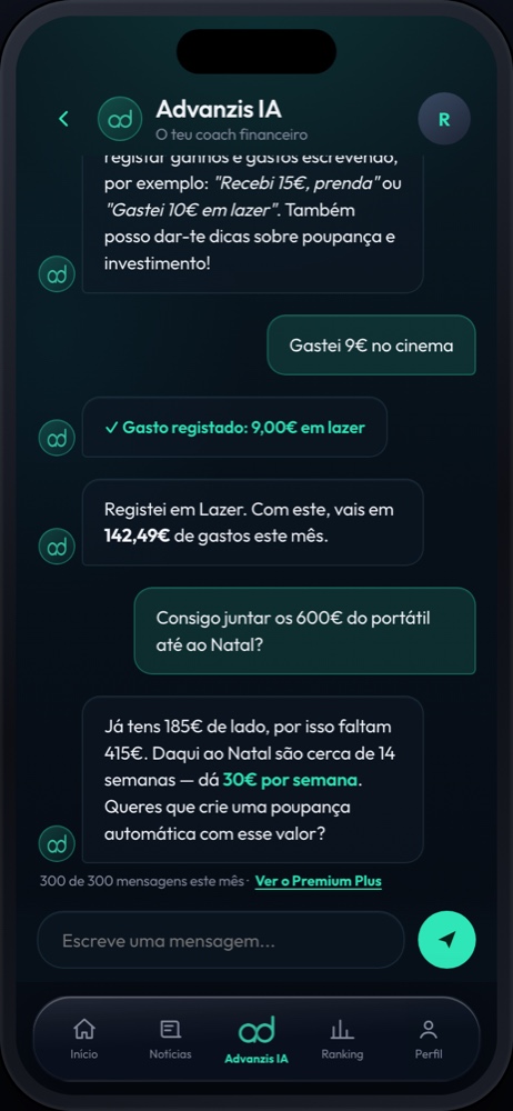 Ecrã da Advanzis IA: conversa com registo automático de um gasto.