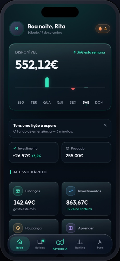 Ecrã inicial da Advanzis num telemóvel: saldo disponível, a semana em barras e os atalhos.