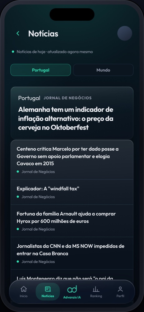 Ecrã de notícias financeiras em formato de jornal, com manchete e coluna.